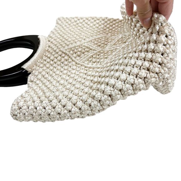NEW Hand Woven Knit Macrame Large Bag Ivory Wood Handles Pockets Lined Magnetic - Picture 3 of 10